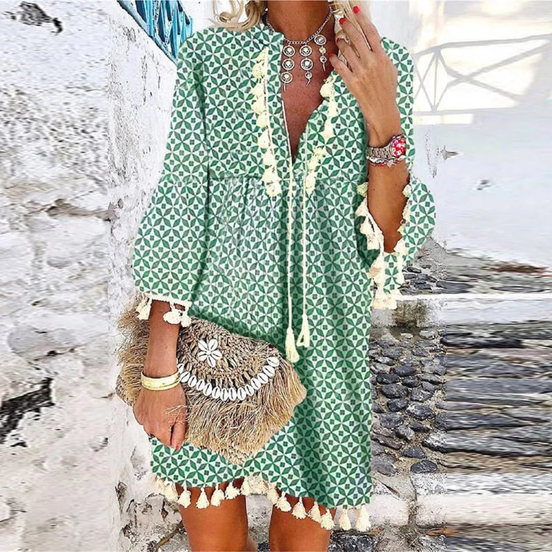 Tassel Beach V Neck Vintage Floral Print Dress