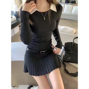 Territory Polo Collar Contrast Color Patchwork Knit Long-sleeved Dress Women 2024 Spring New Streetwear Sexy Slim Pleated Mini Dress