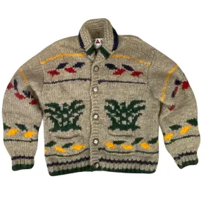 VINTAGE 1950s STYLE MENS NATIVE COWICHAN GRAPHIC KNIT ROCKABILLY CARDIGAN L 41”