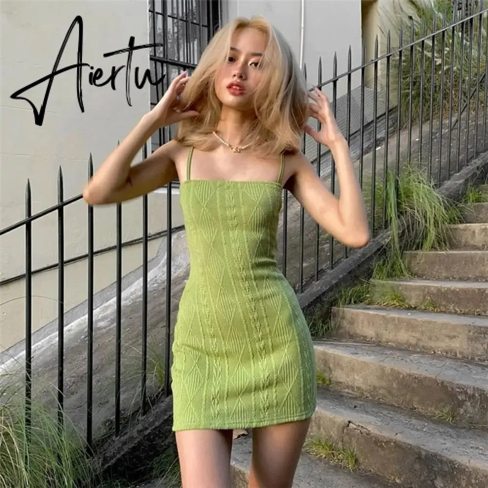 Women Fashion Elegant Streetwear Strap Mini Dress Summer New Solid Green Knit Stretch Slim Office Lady Dresses