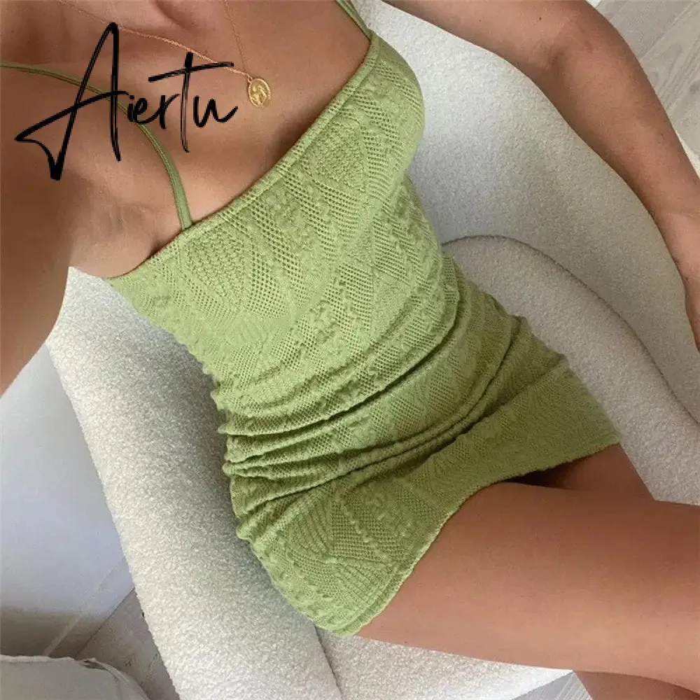 Women Fashion Elegant Streetwear Strap Mini Dress Summer New Solid Green Knit Stretch Slim Office Lady Dresses