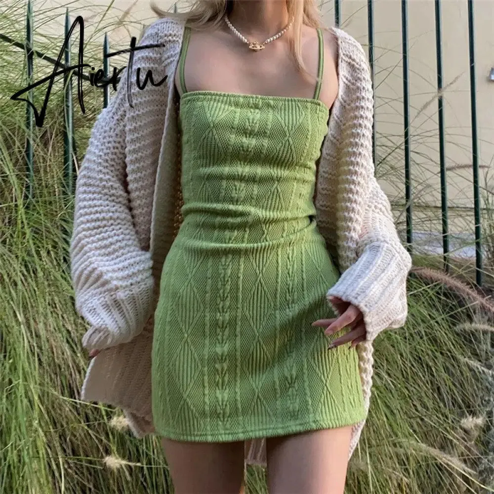 Women Fashion Elegant Streetwear Strap Mini Dress Summer New Solid Green Knit Stretch Slim Office Lady Dresses