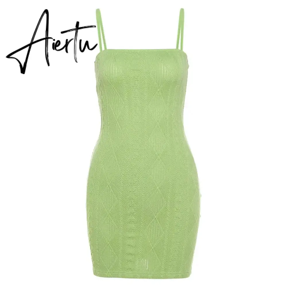 Women Fashion Elegant Streetwear Strap Mini Dress Summer New Solid Green Knit Stretch Slim Office Lady Dresses